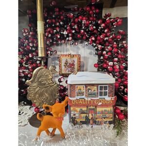 Vintage Christmas Collectibles Quality Goods Tin Flocked Deer Santa Candleholder